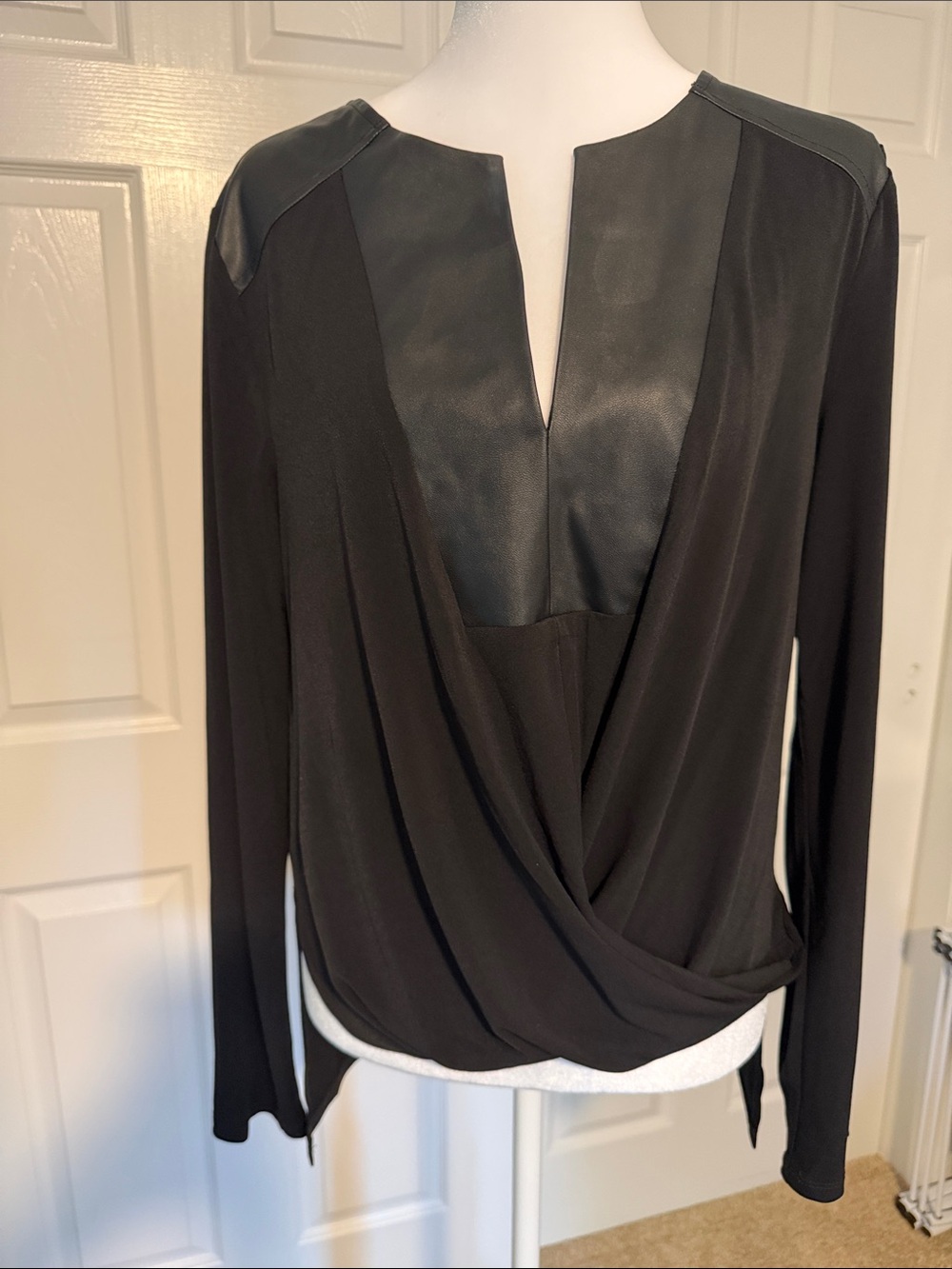 BCBGMaxAzria Black Draped Long-Sleeve Top with Faux-Leather Trim